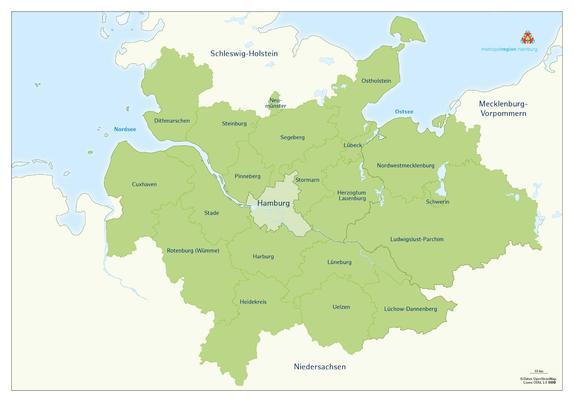 A map of the Hamburg metropolitan area, with Cuxhafen, Ostholstein, Ludwigslust-Parchim and Heidekreis marking the furthest extensions in each direction. It's big!