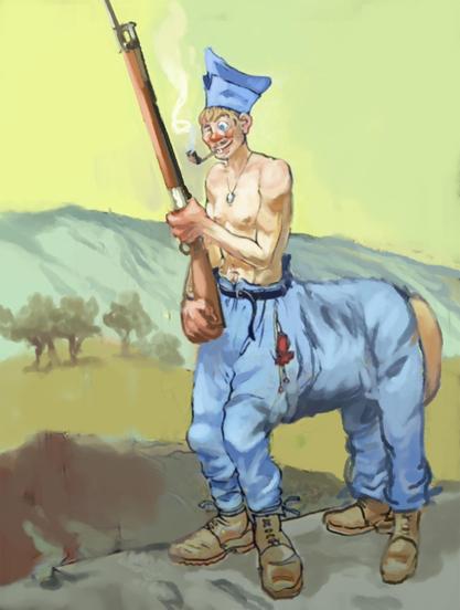 Digital painting of centaur in French WWI uniform (sans shirt,) based on the work of Georges Pavis