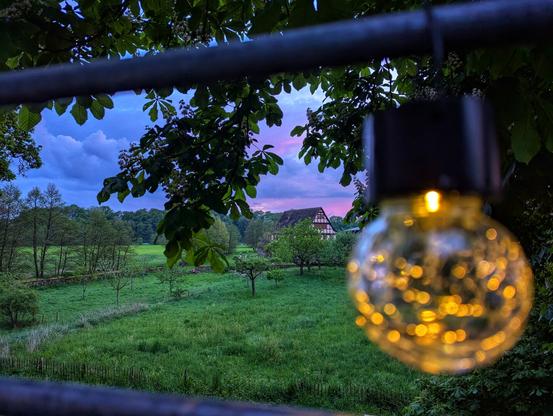 A string light bulb hangs in the foreground on the right, blurred and out of focus. Behind it, a picturesque rural scene unfolds at dusk with a purple and pink sky. Lush green fields stretch into the distance, dotted with trees and a traditional half-timbered house with a white facade and dark roof nestled amongst more trees in the midground. Dark foliage frames the top and left of the image, contributing to the serene, twilight atmosphere.