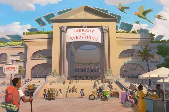 Ein Eingang zu einem beeindruckenden Gebäude, an dem "Library of Everything" (Bücherei für Alles) steht. 

Davor fahren Menschen mit Lastenrädern und Rollstühlen, auf dem Dach sind Solarpanele, am Himmel sieht man Papageien.