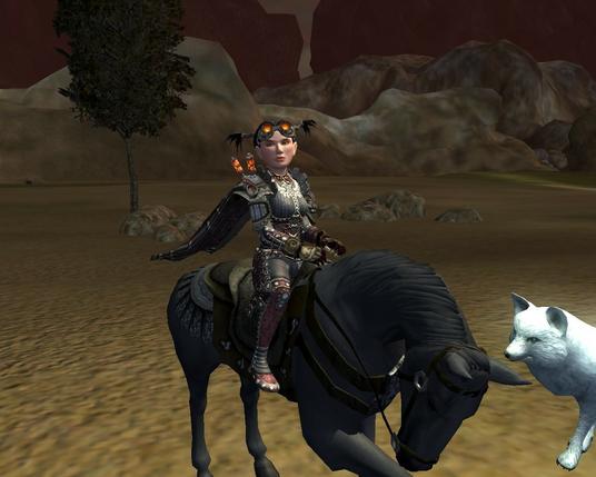 A small female gnome, wearing grey and burgundy steampunk armour and orange reflective goggles on her head is riding a dark grey horse on a savanna. Next to her is her white tundra fox pet.