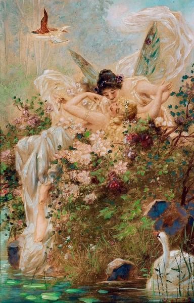 Two Fairies Embracing in a Landscape with a Swan by Hans Zatzka