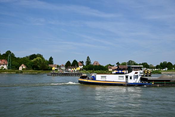 Ein Fluss, auf dem gerade ein Frachtschiff verkehrt, welches Sand geladen hat, im Hintergrund sind grüne Bäume und vereinzelte Häuser entlang des Ufers sichtbar sowie eine Fähranlegestelle. Der Himmel ist blau mit weißem Schleier.