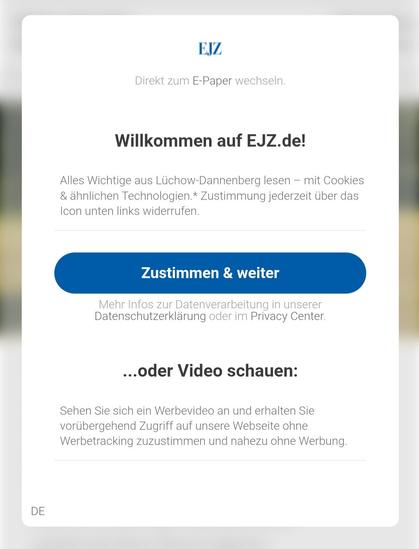 Screenshot der EJZ
Tracking zustimmen oder Werbung ansehen