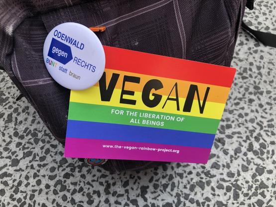 Das Bild zeigt ein buntes Plakat mit dem Wort "VEGAN" in großen, schwarzen Buchstaben auf einem Hintergrund, der die Farben des Regenbogens aufweist. Unter dem Wort "VEGAN" steht in kleineren Buchstaben "FOR THE LIBERATION OF ALL BEINGS" und darunter die Website "www.the-vegan-rainbow-project.org". Das Plakat ist an einem dunkelgrauen Rucksack befestigt, der auf einem grauen und weißen gepunkteten Boden liegt. Neben dem Plakat befindet sich ein rundes Button mit der Aufschrift "ODENWALD gegen RECHTS BUNT statt braun" in blauer und grüner Schrift.