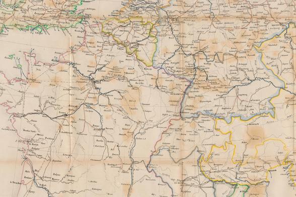 Ausschnitt aus einer historischen Eisenbahnkarte Europas.