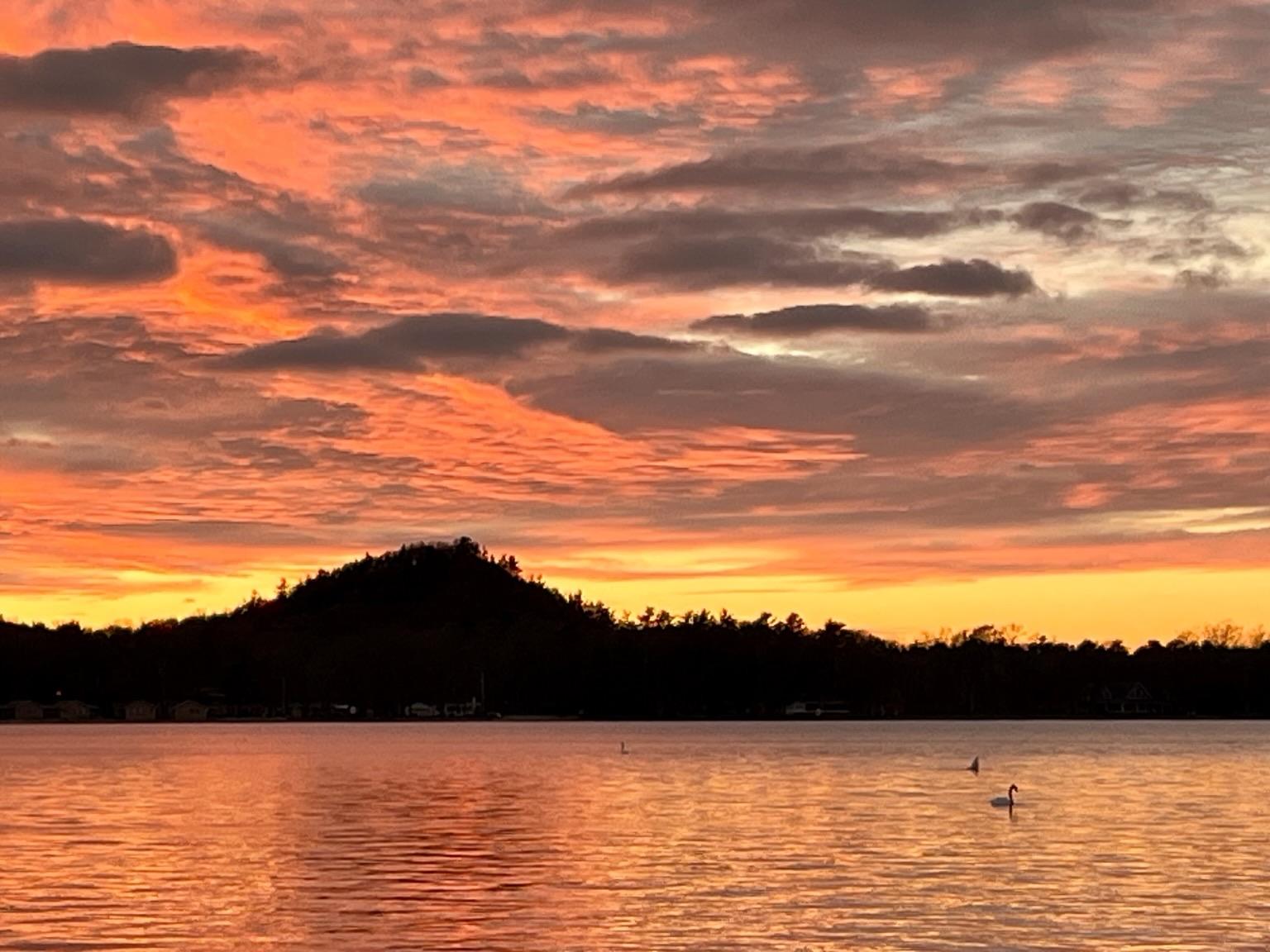 A vibrant sunset over a calm lake, featuring a silhouette of a hill in the backdrop. The sky displays rich hues of orange, pink, and purple, reflecting beautifully on the water's surface, where a couple of swans can be seen.