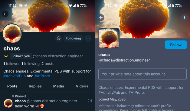 A side-by-side view of the same account from Bluesky (left) and Mastodon (right). Both screenshots show the same profile picture, header image, and identical description.

The Bluesky username shows up as @chaos.distraction.engineer, while on the Mastodon side it's @chaos@distraction.engineer.