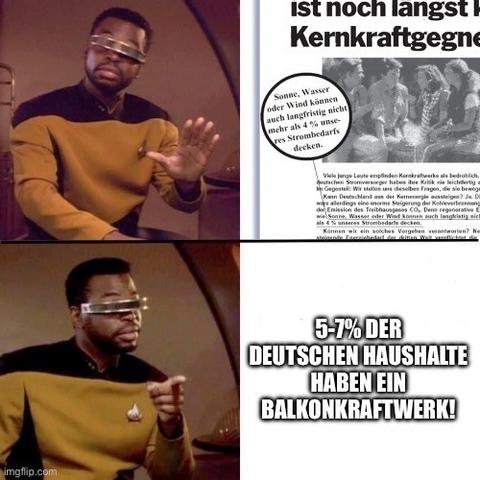 Meme: oben Anzeige EEG Strom kann nur 4% des Bedarfs decken. Unten: 5-7% der Haushalte haben ein Balkonkraftwerk