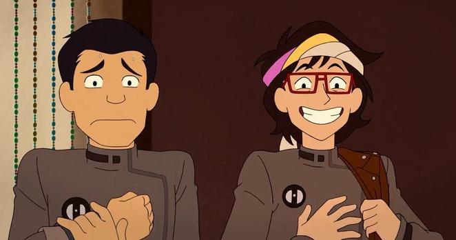 Screenshot from episode 6, The Party Car. Seeing the party crowd, Min-Gi looks anxious and Ryan looks incredibly excited.