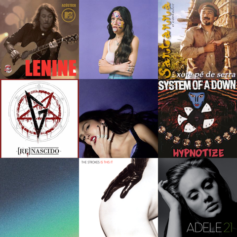 colagem de capas de álbuns em uma grade quadrada com 3 linhas e colunas.
na ordem das linhas, estão ordenadas as seguintes capas:

Acústico MTV
por Lenine

SOUR
por Olivia Rodrigo

Xote Pé de Serra
por Santanna "O Cantador"

(Re)Nascido
por Gloria

GUTS
por Olivia Rodrigo

Hypnotize
por System of a Down

SMITHEREENS
por Joji

Is This It
por The Strokes

21
por Adele