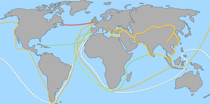 Map with routes of famous European explorers.