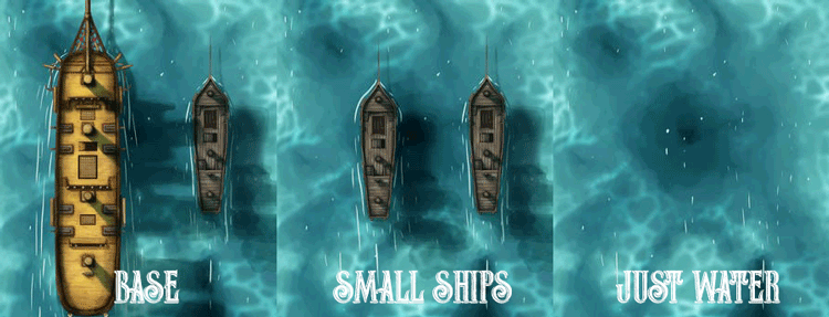Ship Combat Battle Map and its variations by Domille's Wondrous Works. It features a wooden ship in combat with a smaller wooden vessel.