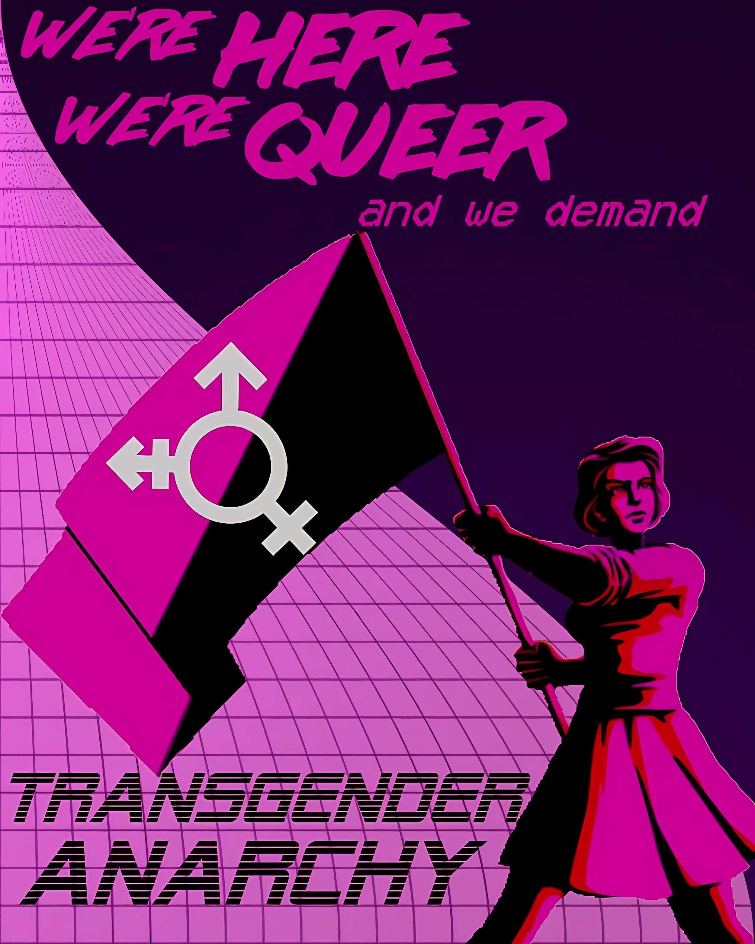 a poster in purple ank pink colors. Une femme porte un drapeau rose et noir sur lequel figure le logo transgenre. I t s written " we 're here we're queer and we demand transgender anarchy "