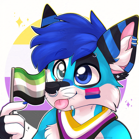 A lighter blue, black, darker blue and white non binary fox furry character holding an aromantic flag, wearing a bi flag on their cheek and a nonbinary themed bandana looking happy.