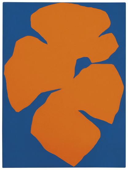 An abstract painting of an orange peel on a blue background. Instead of being peeled in one long ribbon, the orange was peeled in chunks, creating an amorphous blob.