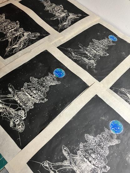 As described this is a shot of 6 of  my original ‘Turtles, all the way down’ linocut. This hint of an infinite stack of titles supporting the Earth against the starry black backdrop of space includes from the top down: an eastern mud turtle (Kinosternon subrubrum), a red-eared slider (Trachemys scripta elegans), a black pond turtle (Geoclemys hamiltonii ), a painted batagur (Batagur borneoensis), a Oaxaca mud turtle (Kinosternon oaxacae), a green sea turtle (Chelonia mydas) and the hint of something larger.⁠

⁠