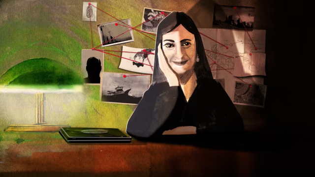 A painting of Daphne Caruana Galizia facing the artist, one hand on the side of her face, smiling