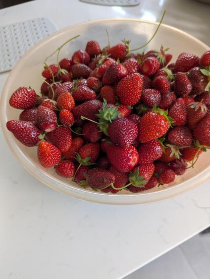 A large and full bowl of strawberries.