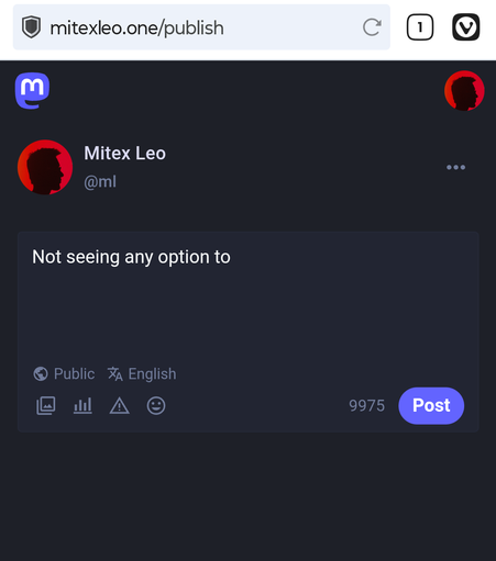 The image shows a screenshot of a web page with a dark background. At the top, there is a browser address bar displaying the URL "mitxleo.one/publish." The page features a profile section with a circular profile picture in red with a black silhouette of a man's profile. Next to the profile picture, the name "Mitex Leo" is displayed, followed by the handle "[@]ml." Below the profile section, there is a text box with the message "Not seeing any option to." The text box includes options for "Public" and "English," along with icons for image, chart, warning, and smiley face. A "Post" button is visible on the right side of the text box, with the number "9975" next to it. The overall layout is clean and minimalistic, with a focus on the profile and the text box.

Provided by @altbot, generated privately and locally using Ovis2-8B