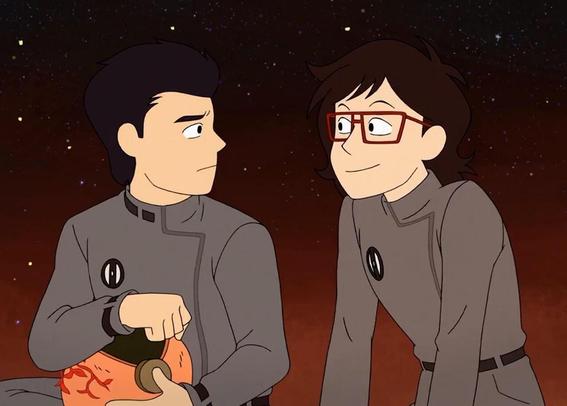Screenshot of episode 5, The Astro Queue Car. Min-Gi looks sadly at Ryan, who.