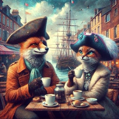 KI-Bild (DALL•E3):

Fritzefuchs und das Katz sitzen draußen im Café am Hafen, im Hintergrund ihre Segelschiffe. Beide sind recht warm angezogen, die 16°C sind auf See gar nicht mal soo warm und beide sind etwas durchgefroren. Das Heißgetränk hilft auch.