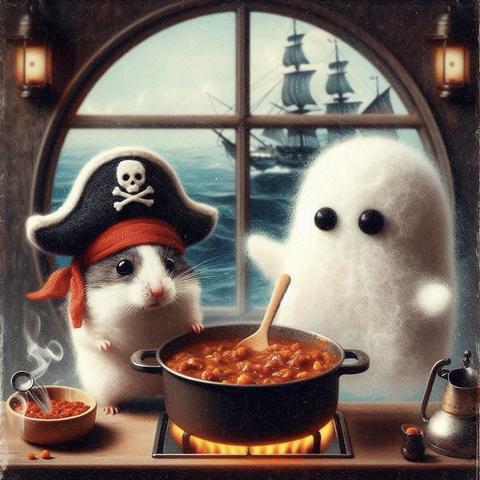 KI-Bild (DALL•E3):

Hamster Holly mit Piratenhütchen, heute aber als Smutje. Zusammen mit dem kleinen Schiffsgespenst kocht er ein leckeres Chili. Schön hot!