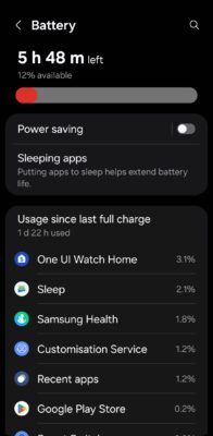 Battery usage screen for a Samsung Galaxy Watch showing battery percentage and time left.