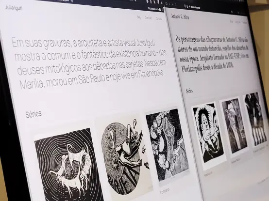 Fotografia mostrando tela de um monitor com dois sites abertos, lado a lado. À esquerda, o de Julia Iguti. À direita, o de Antonio C. Silva