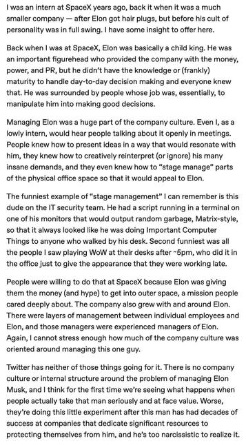 Screen capture of text written by a former intern at SpaceX, describing the effort inside the company to manage and contain Elon Musk's "idiosyncrasies".
