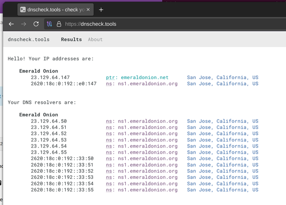 A screenshot of the Tor Browser showing https://dnscheck.tools open with an Emerald Onion exit relay relaying the traffic. It shows that our current IPv4 and IPv6 addresses are within Emerald Onion's AS space, and our 6 upstream DNS resolvers are too.