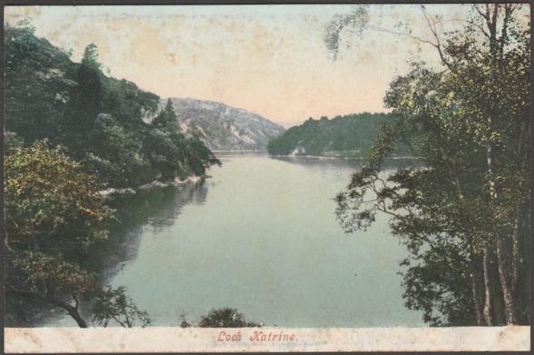 Printed hand-tinted postcard showing a view of Loch Katrine in Stirlingshire and Dunbartonshire.

Published by Blum & Degen, London, No 5728?, c.1905.

Postally unused.

Fair condition, with very slight corner bumps and light album marks, but noticeable amounts of pale foxing to both sides.