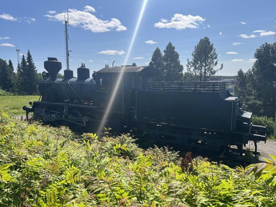 Side picture of the same steam engine as in the first picture taken against the sun.