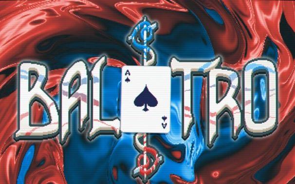 Detail of the Balatro loading screen, showing the Balatro logo against a swirling red and blue background. The second A in Balatro is replaced by an ace of spades.
