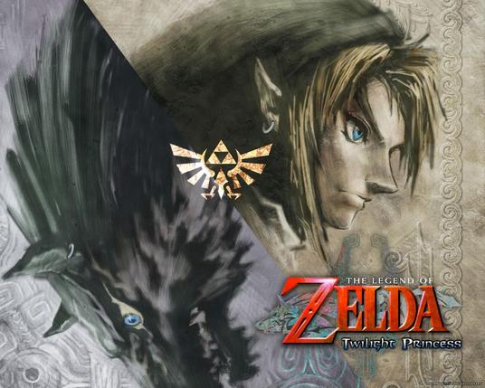 The cover art of The Legend of Zelda: Twilight Princess
A wolf facing down and a blond young adult with blue eyes named Link on the right, facing to the right.