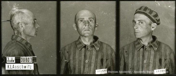 A mugshot registration photograph from Auschwitz. A man with a shaved head wearing a striped uniform photographed in three positions (profile and front with bare head and a photo with a slightly turned head with a hat on). The prisoner number is visible on a marking board on the left.