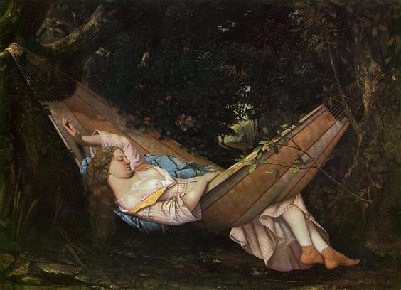 Eine junge Frau hält Siesta in einer Hängematte (Gemälde von Gustave Courbet, 1844)