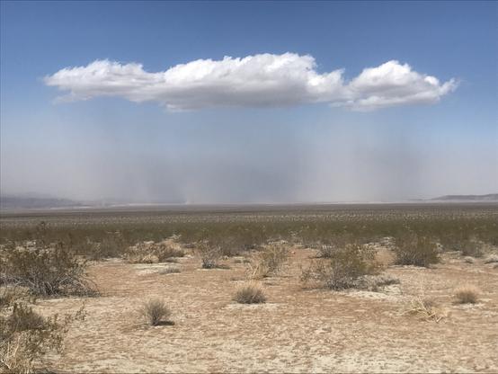 A lone extended cloud is shown over a desert plain with scrub in the background and bare ground in the foreground. The cloud casts a shadow that is faintly shown, in midair above the desert. Low hills are in the far distance at the left and right of the frame. The horizon is about halfway up the frame.