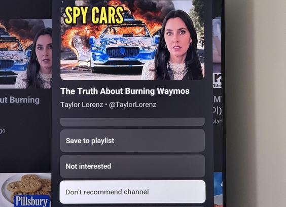 Photo of YouTube on my TV. I’m telling it not to recommend Taylor Lorenz’s channel. She’s the worst