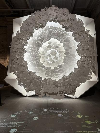 Large circular installation resembling a delicate, layered paper cutout. The concentric rings display intricate designs of buildings, trees, and clouds, creating a fractal-like depth. The structure is suspended in front of a lighted backdrop, casting complex shadows. The floor projection beneath shows diagrams and text about circular design processes, linking the visual form to sustainable architecture themes.
