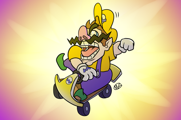 Wario with an angry face, driving a go-kart, over an explosive yellow and purple background.