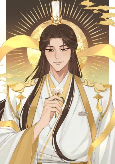 Art of Xie Lian wearing fancy white and gold robes, with a golden halo or moon behind his head. He's looking fondly down at a white flower.