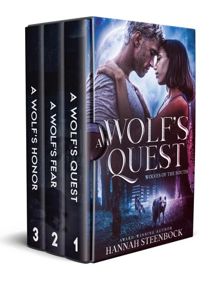3D Mockup for the Boxed Set Wolves of the South 1-3, the titles are A Wolf's Quest, A Wolf's Fear, and A Wolf's Honor.

The cover shown is the one for Book 1, A Wolf's Quest. The stars are a slightly scruffy young man in a t-shirt and a black-haired young woman. She has her hands on his shoulders and their foreheads touch. In the background, a huge full moon dominates the sky. Below the couple there’s a cabin in the woods, with two wolves looking at the reader.

This is not a print edition. This is an ebook edition.