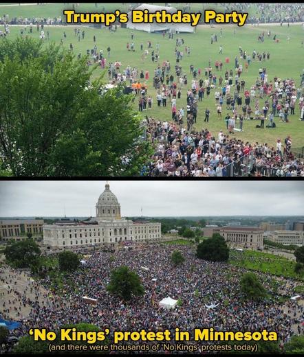 Photo on top: Image of crowds at military parade in DC 

Photo on bottom: #nokings protest in Minneapolis