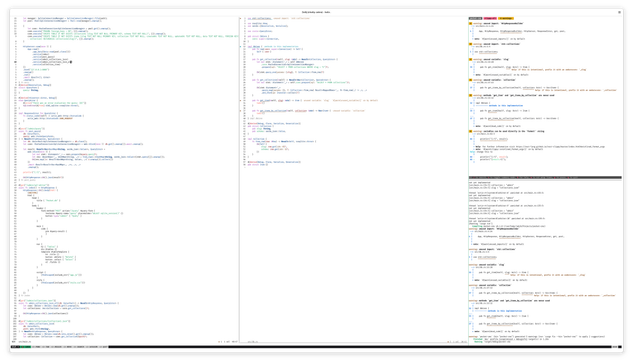 Gnome Terminal showing a lot of code. The background of the terminal is very bright. There are two columns. The first two contain Rust code. The third is split horizontally. The top pane contains lint results, and the bottom runs my code on every change.