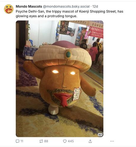 BlueSky post from Mondo Mascots:

@mondomascots.bsky.social - Psyche Delhi-San, the trippy mascot of Koenji Shopping Street, has glowing eyes and a protruding tongue. 

[picture of Psyche Delhi-San - an unusually trippy-looking Japanese mascot character with a turban, glowing eyes, a goatee, plump red lips, and a protruding red tongue.]