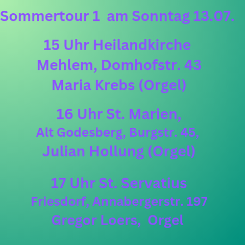 Tour 1 am Sonntag,  13.7.25
15 Uhr Heilandkirche 
16 Uhr St. Marien 
17 Uhr St. Servatius