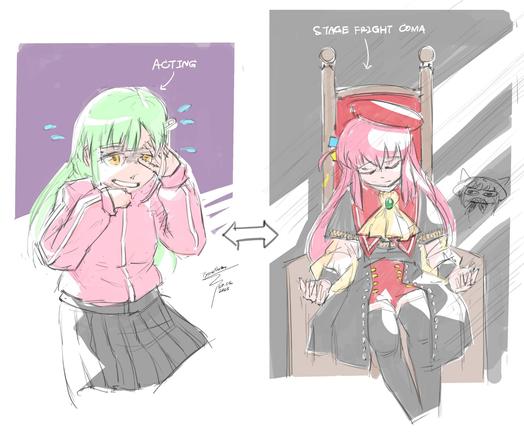 Digital comic fanart of Mutsumi (Ave Mujica) and Bocchi (Bocchi the Rock) with swapped costume.