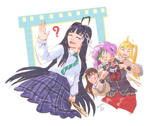 Digital comical fanart of various rock band drummers from Bocchi the Rock, Girls Band Cry and Bang Dream MyGO/Ave Mujica.