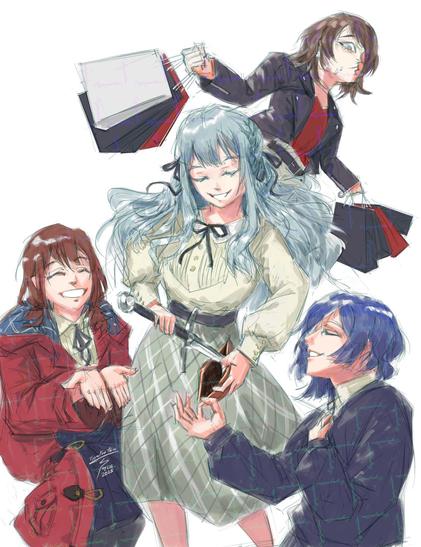 Digital comical fanart of Nina (Girls Band Cry), Ryou (Bocchi the Rock) begging money from Sakiko (Ave Mujica) while Umiri is about to avoid ensuring violence.